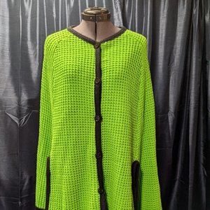 1970s Lime Green Shawl, Center Front Button Closure, Black Trim and Fringe